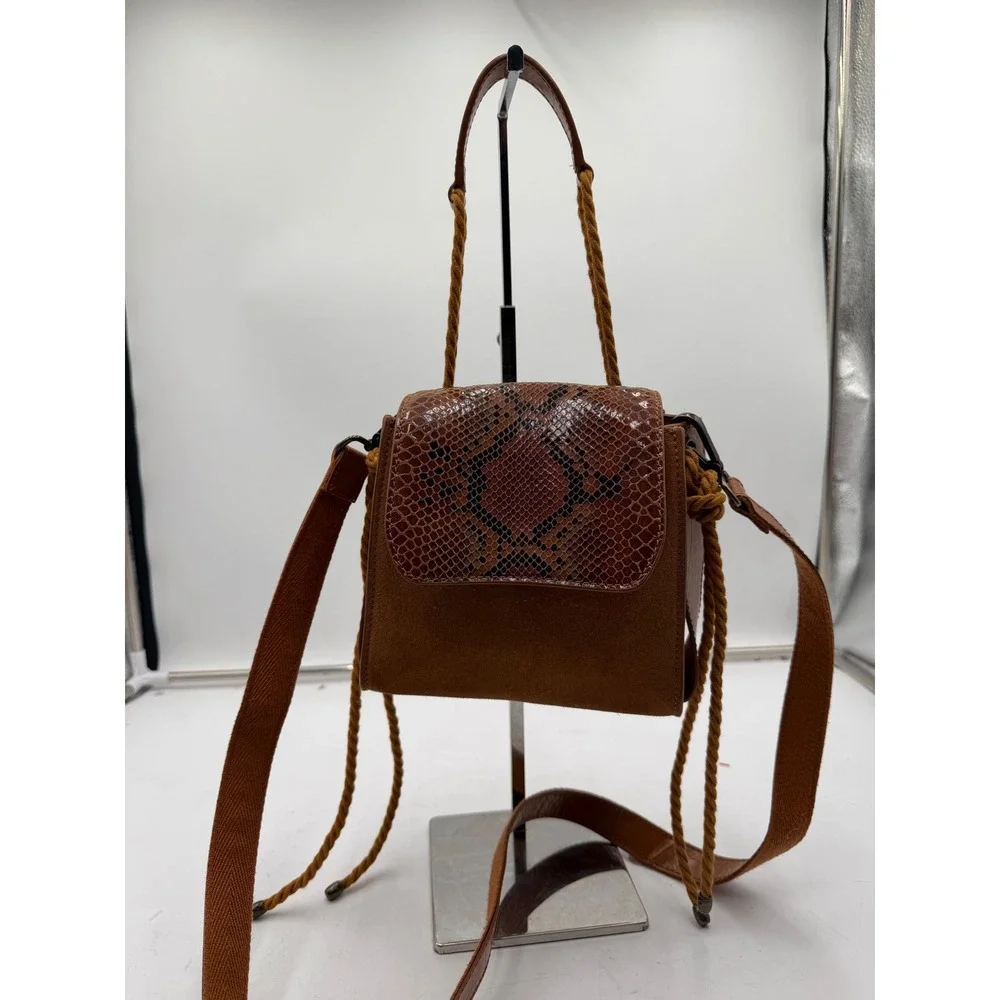 Free People Brown Suede Snakeskin Embossed Leather Crossbody Bag Rope Handle - Picture 6 of 12